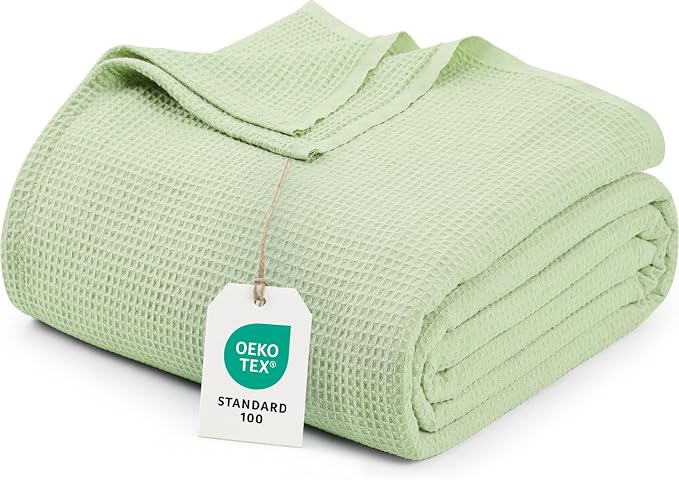 Utopia Bedding Cotton Blend Sage Green Waffle Blanket Queen - 90x90 Inches | Lightweight, Skin Friendly, Breathable, All Season, Luxury, Bed, Couch, Sofa