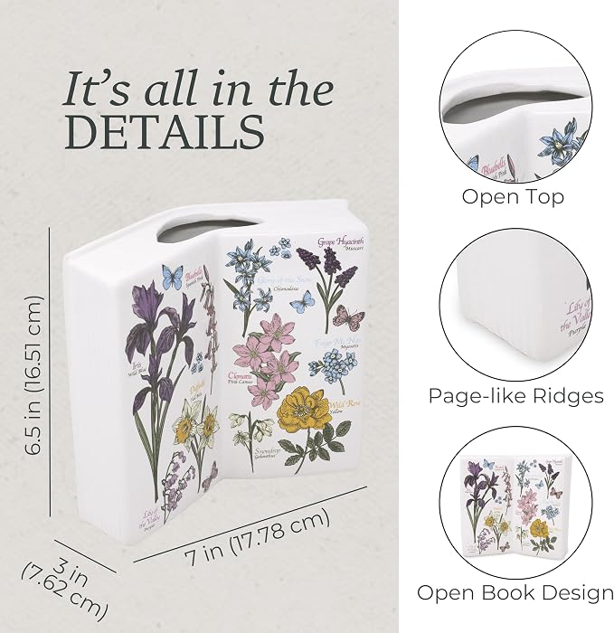 Steel Mill & Co. Ceramic Open Book Vase, Wildflowers | Vintage Inspired Flower Field Guide Decor Sculpture, Novelty Floral & Succulent Container or Bookshelf Sculpture Piece