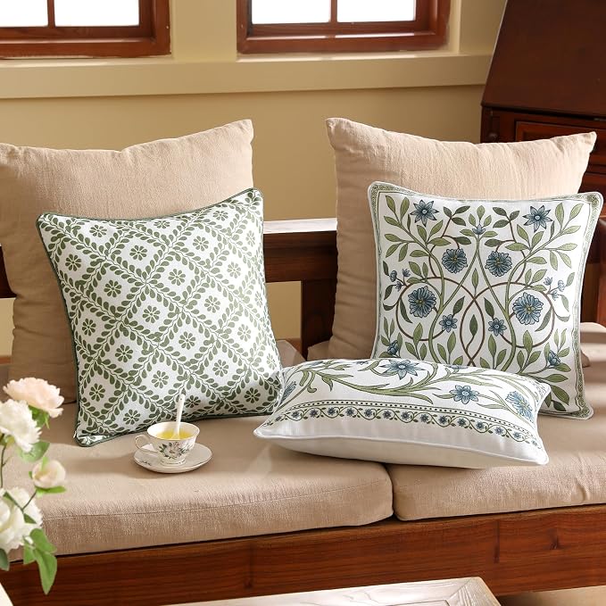 Designer Linen Throw Pillow Cover,Set of 2,18"x18"-Mosella A | Vintage Elegant Square Decor Pillow Cover,Concealed Zipper Design,Floral Pattern,Sofa,Bedroom,Living Room,Lounge Chairs