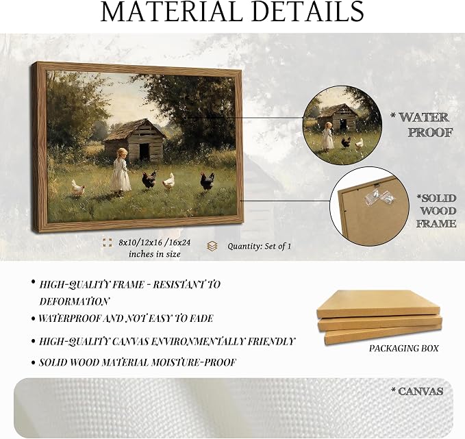 Vintage Country Framed Wall Art, Little Girl and Chick Canvas Prints, Rustic Landscape Picture Painting, Pastoral Farmhouse Wall Decor for Living Room Bedroom – Dark Wooden Frame 8x10in