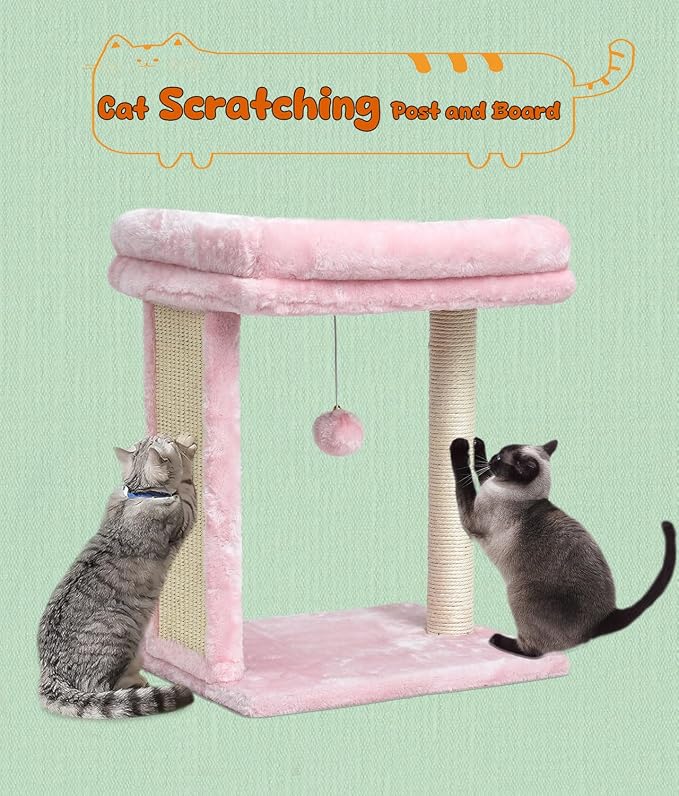 SYANDLVY Small Pink Cat Tree for Indoor Cats, Scratching Board with Perch | Kittens Scratcher with 2 Dangling Balls & Post