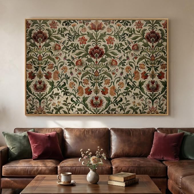 Extra Large Framed William Morris Style Wall Art for Living Room, Oversized Vintage Floral Canvas Prints Artwork for Walls, Horizontal Retro Rustic Painting Hallway Dining Room Wall Decor, 72x48 Inch