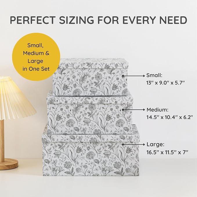 Soul & Lane - Modern Meadow Decorative Storage Boxes with Lids, Set of 3 | Large Nesting Cardboard Keepsake Boxes for Memories, Photos and Gifts, Pretty Modern Floral Containers for Home Decor