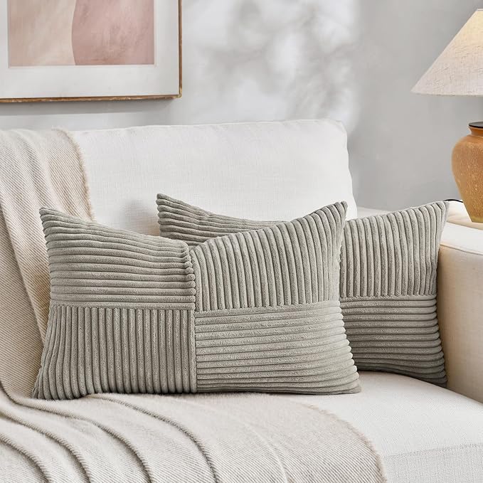 Fancy Homi Grey Lumbar Decorative Throw Pillow Covers 16x28 Inch for Living Room Couch Bed Sofa, Rustic Farmhouse Boho Home Decor, Soft Striped Corduroy Rectangle Accent Cushion Case 40x70 cm