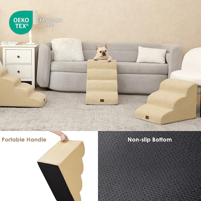 EHEYCIGA Curved Dog Stairs Ramp, 4-Step High Beds, 19.7" H Pet Step | 33D density of pure foam, for Small Dogs and Cats, Pet Stairs for High Bed Climbing, Non-Slip Balanced Indoor, Graige