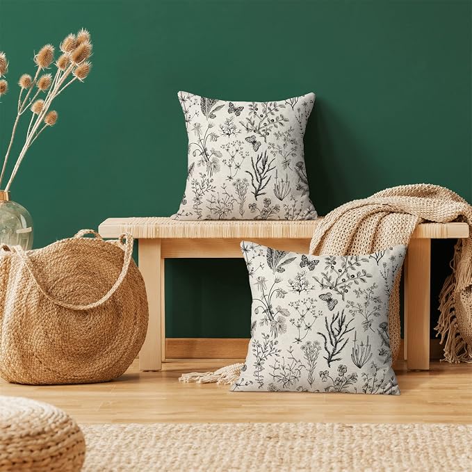 AEIOAE Spring Pillow Covers 16x16 Inch Set of 2,Black Gray Wild Flower Plant Throw Pillows Case,Seasonal Floral Outdoor Decorative Square Linen Farmhouse Decor Cushion Covers for Home Sofa Bed Couch