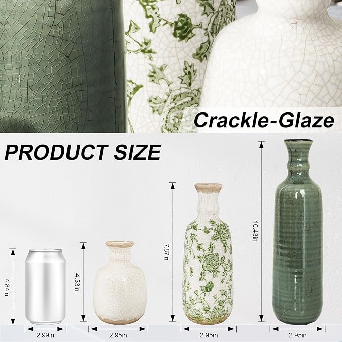Ceramic Vase Set, 3Pcs Flower Vases for Modern Boho Farmhouse Decor, Decorative Vases for Pampas Grass & Dried Flowers, Distressed Finish