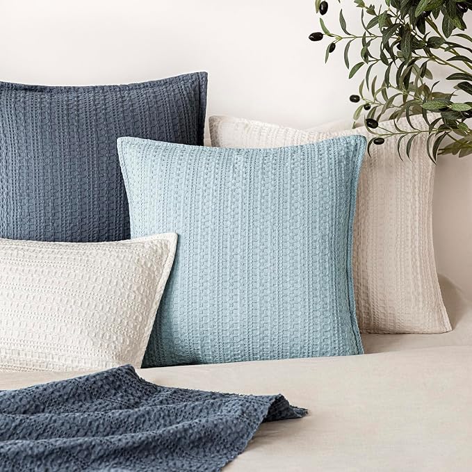 Foindtower Set of 2 Decorative Cotton Waffle Weave Throw Pillow Covers Euro Shams Cushion Covers Accent European Pillowcase for Bed Couch Sofa Bedroom Living Room Home Decor 20×20 Inch Light Blue