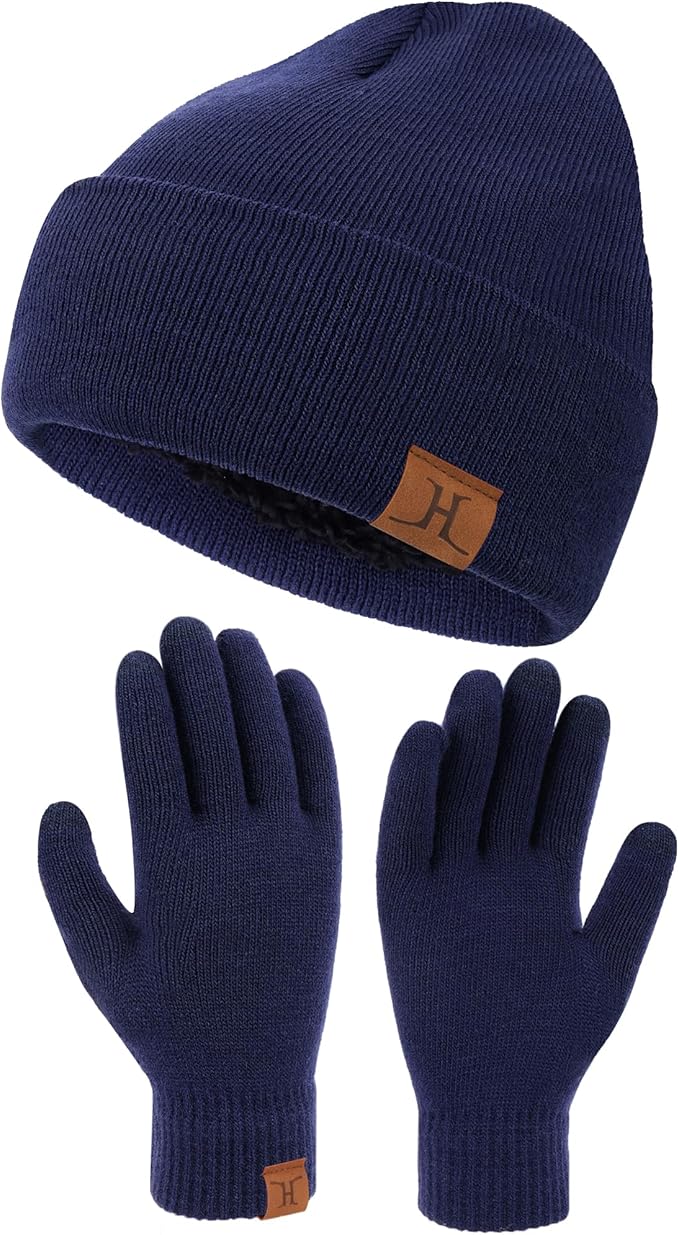 Winter Warm Beanie Hat Touchscreen Gloves Set, Soft Skull Cap Gloves Set for Men and Women with Warm Knit Fleece Lined