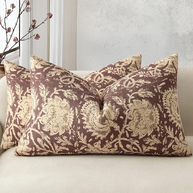 Vintage Floral Print Throw Pillow Covers 12x20 Set of 2 Neutral Modern Farmhouse Pillow Cases Accent Decorative Cushion Covers Boho Home Decor for Couch Sofa Chair Bed Living Room, Oxblood
