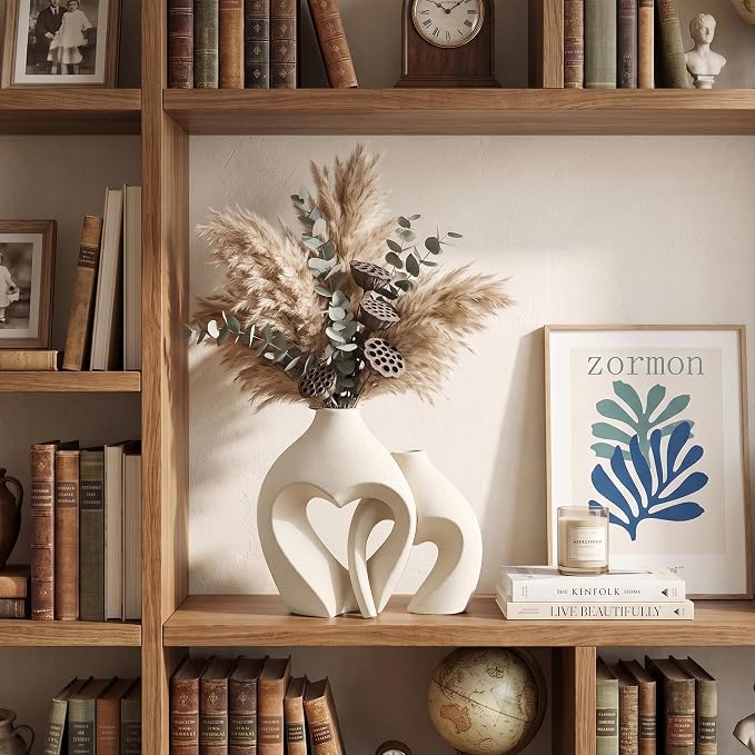 White Ceramic Flower Vase Home Table Decor Heart Shaped Vase Set of 2 | Boho Heart Shaped Minimalist Decorative Vases for coffee Table Centerpiece Wedding Dining Living Room Office House Decoration