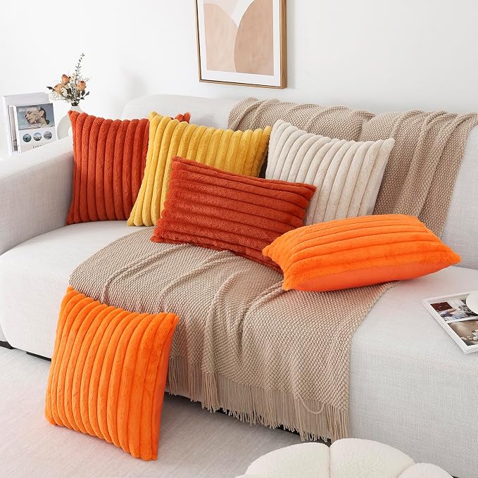 Pallene Faux Fur Fall Throw Pillow Covers 12x20 Set of 2, Burnt Orange | Luxury Plush Texture, Striped Design, Cozy Soft Touch, Modern Home Accent Decor for Couch, Sofa, Bed, Living Room