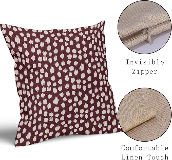 Sweetshow Burgundy Cream Dots Pillow Covers 18x18 Set of 2 Boho Design Polka Dot Throw Pillows Modern Trendy Print Outdoor Decorative Pillowcase Square Linen Cushion Cases Decor for Sofa Couch Bed