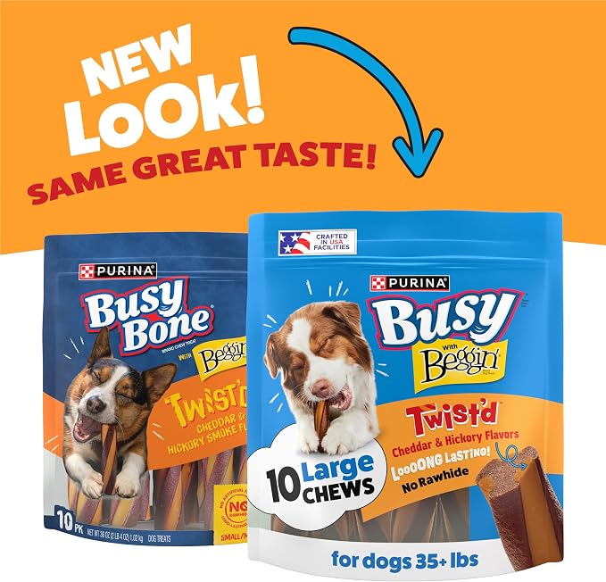 Purina Busy with Beggin Twisted Large Dog Treats, 10 ct Pouch | Cheddar & Hickory Smoke Flavor dog chew, long-lasting, rawhide free with real meat, for large dogs 35 lbs up