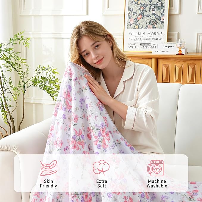 Viviland Cooling Muslin Blanket Queen Size for Bed Summer Gauze Blanket for Adults Breathable Lightweight Soft for Hot Sleepers Linen 90 x 90 Inches Pink Purple Flowers