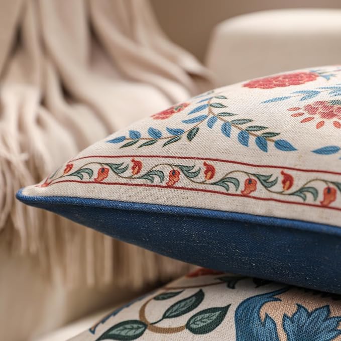patdrea French Vintage Linen Throw Pillow Cover,18"x18",Set of 2-Puno B | Elegant Decorative Pillow Case with Zipper,Elegant Floral Pattern,Pillow Cover for Couch Living Room Bedroom Sofa