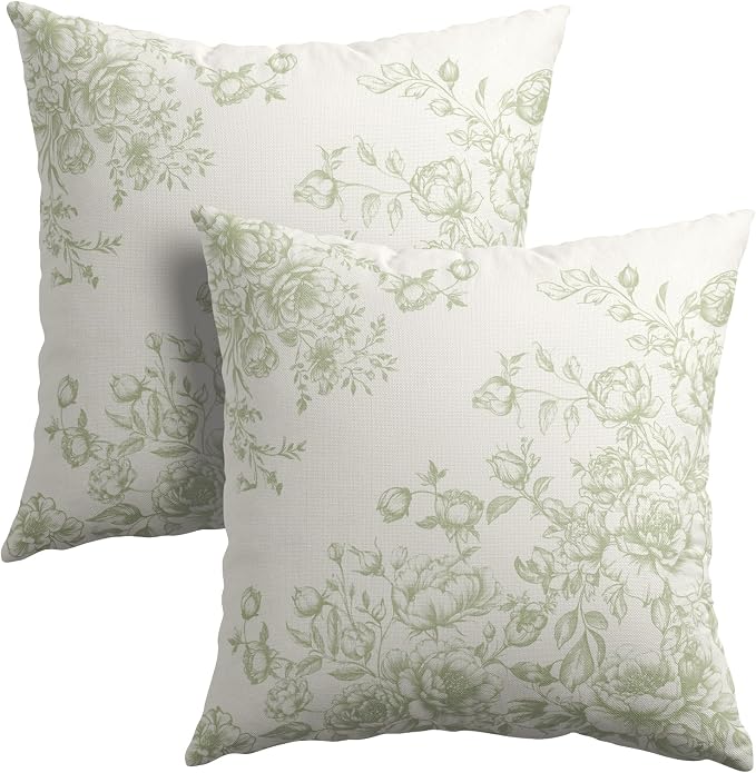 Kawani Green Chinoiserie Floral Pillow Covers 22x22 Set of 2 Oriental Vintage Flowers Print Decorative Square Pillow Cases Cotton Linen Cushion Cover for Bedroom Sofa Couch Home Decor