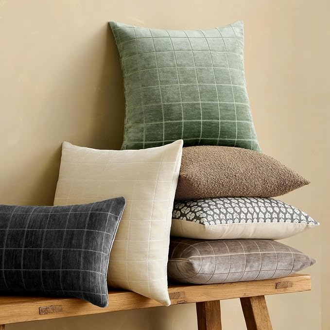 MIULEE Sage Plaid Decorative Throw Pillow Covers 20x20 Set of 2 | Vintage, Check Chenille Couch Pillows, Neutral Boho Farmhouse Cushion Covers, Modern Home Decor for Sofa Bed Living Room