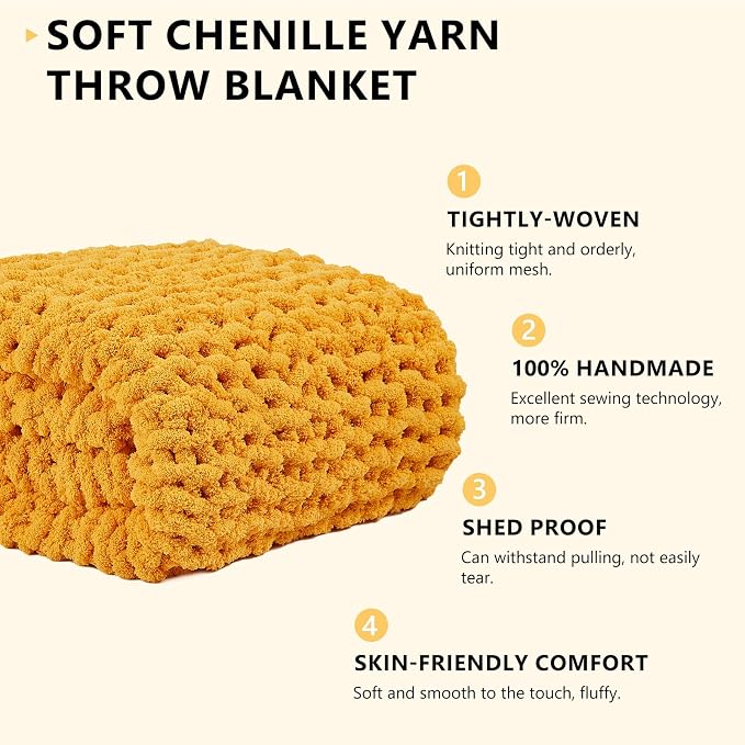 L'AGRATY Chunky Knit Throw Blanket for Couch, 72 x 84 Inches Mustard Yellow | Handmade Chenille Crochet Blanket for Sofa Bed, Thick Cable Knitted Blankets for Room Home Decor, Birthday Gift for Women Mom