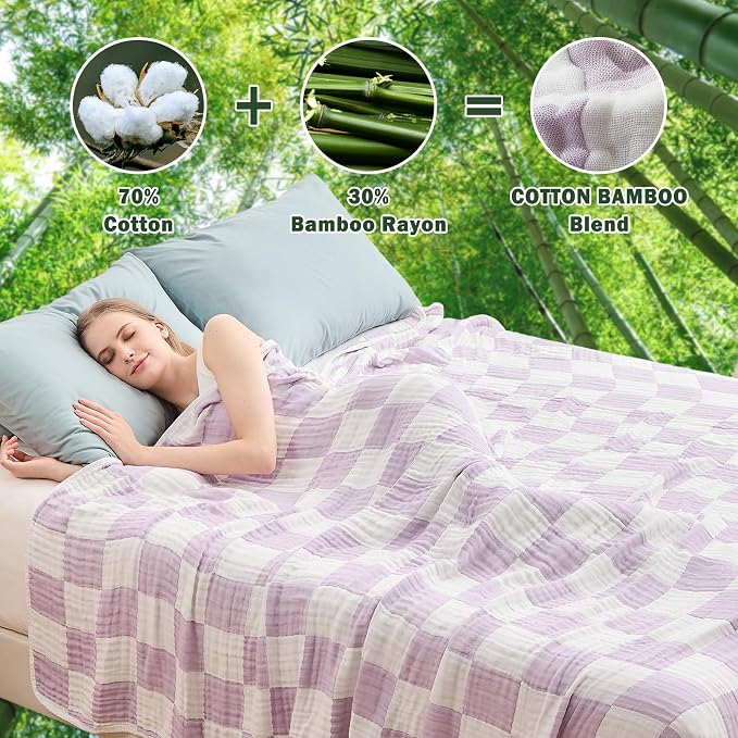 EMME Cooling Muslin Twin XL Blanket - Checkered Lightweight Summer Cotton Blankets of Rayon Derived from Bamboo for Hot Sleepers, Soft Breathable All Season Gauze