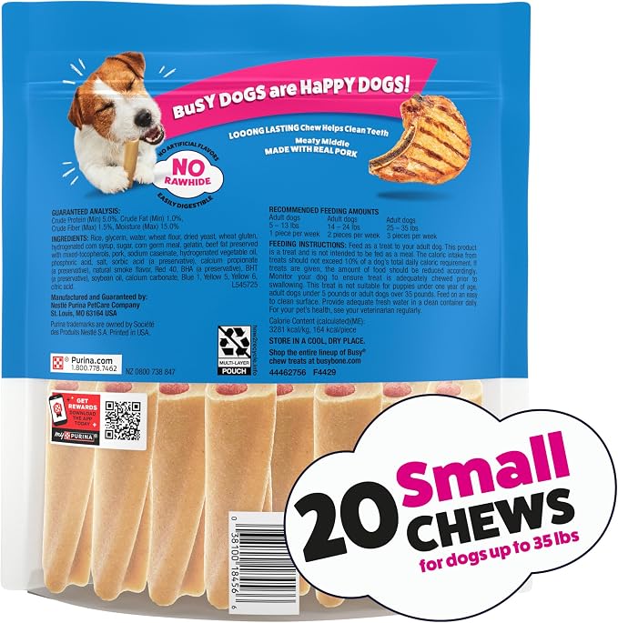 Purina Busy Bone Adult Small Dog Chew Treats, Original, 20 ct Pouch | Rawhide free chew with a real meat center for small dogs up to 35 lbs, long lasting chew that helps clean teeth