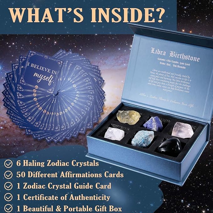 Faivykyd Libra Crystals Gift - 6 Libra Zodiac Natural Stones w/ 50 Miracle Mantras Affirmation Cards, Healing Astrology Gifts for Promoting Positive Energy, Self-Care, Love & Wealth