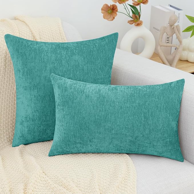 decorUhome Soft Chenille Turquoise Throw Pillow Covers 24X24 Set of 2 | Decorative Fall Couch Pillow Covers Solid Dyed Accent Modern Euro Sham Farmhouse Neutral Square Pillow Cases for Sofa