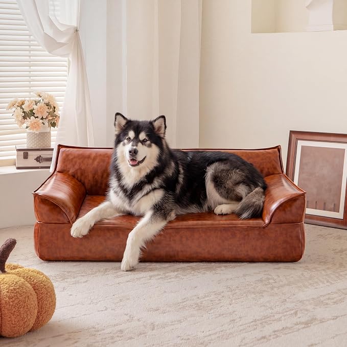 X-Large Leather Dog Sofa Pet Couch for Large Dogs Under 90 lbs, Brown | Mid Century Modern Elevated Luxurious Elevated Dog Chair, Big Dog Chaise Indoor Furniture Style Pet Supplies, Low Maintenance