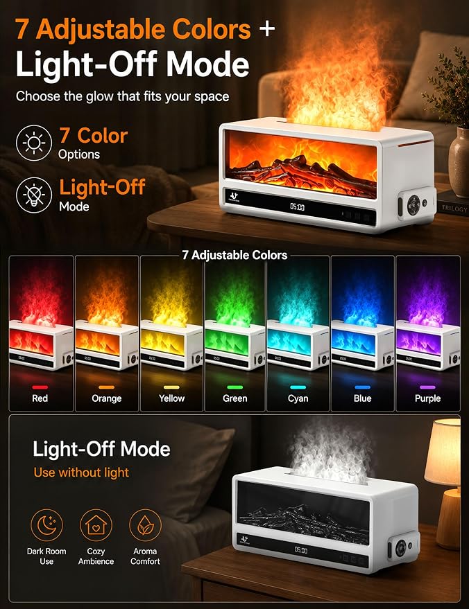 Essential Oil Diffuser for Bedroom, 250ml Aromatherapy Diffuser with Flame Effect, Remote Control, 7 Color LED Lights, Quiet Mist for Home Office and Living Room(White)