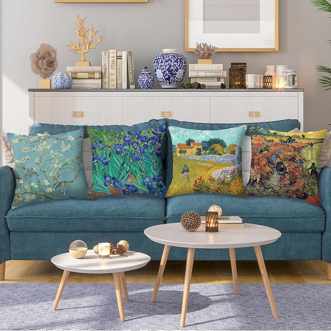 Van Gogh Painting Throw Pillow Covers 18x18 inch Set of 4 Irises Almond Blossom Impressionist Art Pillow Cases Modern Decorative Cushion Covers for Sofa Couch Living Room