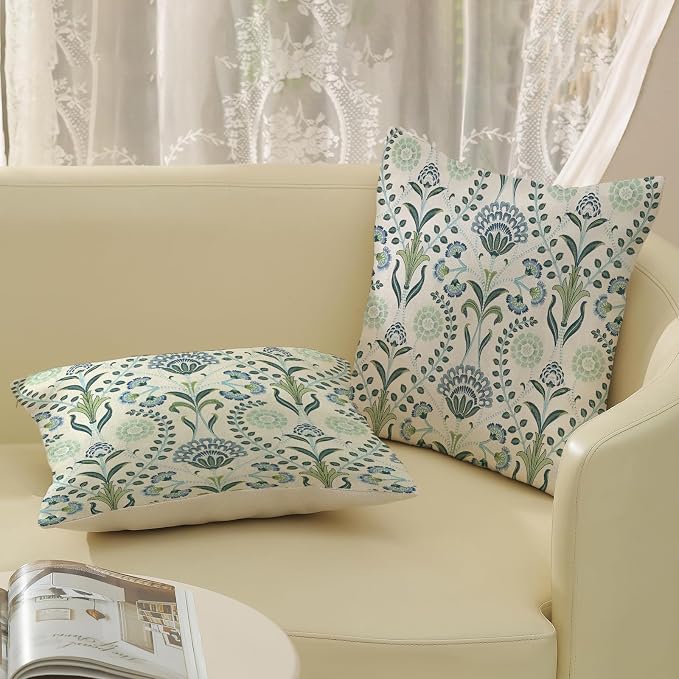 Blue Green Pillow Covers 18x18 Inch Set of 2 Boho Floral Decor Throw Pillows Vintage Block Print Flower Outdoor Linen Decorations Pillowcase Linen Cushion Cover for Couch