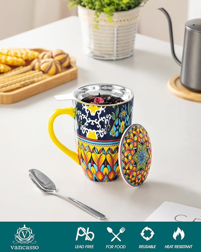 vancasso Ceramic Tea Cup with Infuser and Lid, 18 Ounce Tea Infuser Mug for Loose Leaf Tea, Microwave & Dishwasher Safe, Bohemian Mandala, Gift for Tea Lovers, Golden Lotus Mirage
