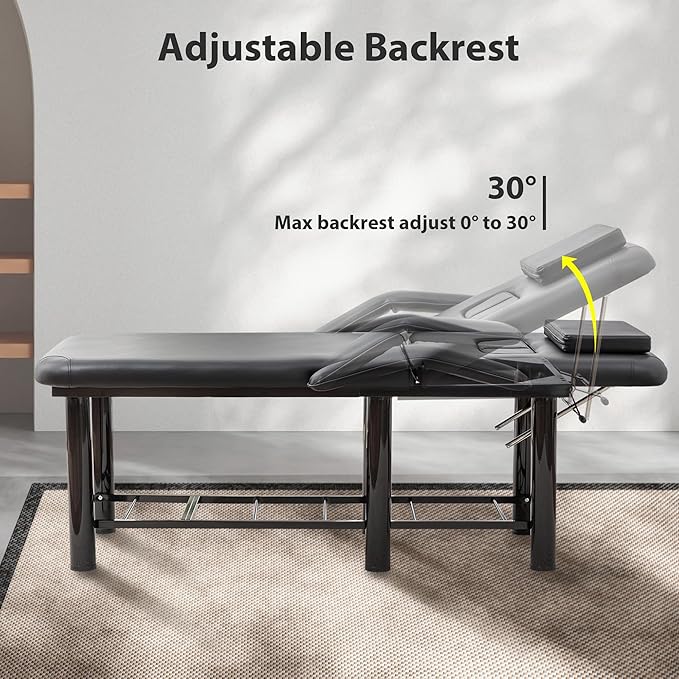 Professional Massage Salon Bed 73.6 Inch with Handrail, Stationary Physical Therapy Treatment Table with Removable Headrest & Chest Cushions, Spa Facial Esthetician Bed with Adjustable Backrest