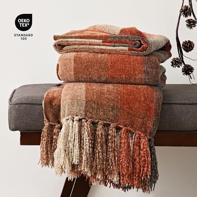 Plaid Chenille Fall Throw Blanket, 60"x80", Harvest Orange Plaid | Super Soft Knit Throw with Tassels, Cozy, Decorative Rustic Farmhouse Decor for Autumn, Ideal for Couch Bed Sofa Gift