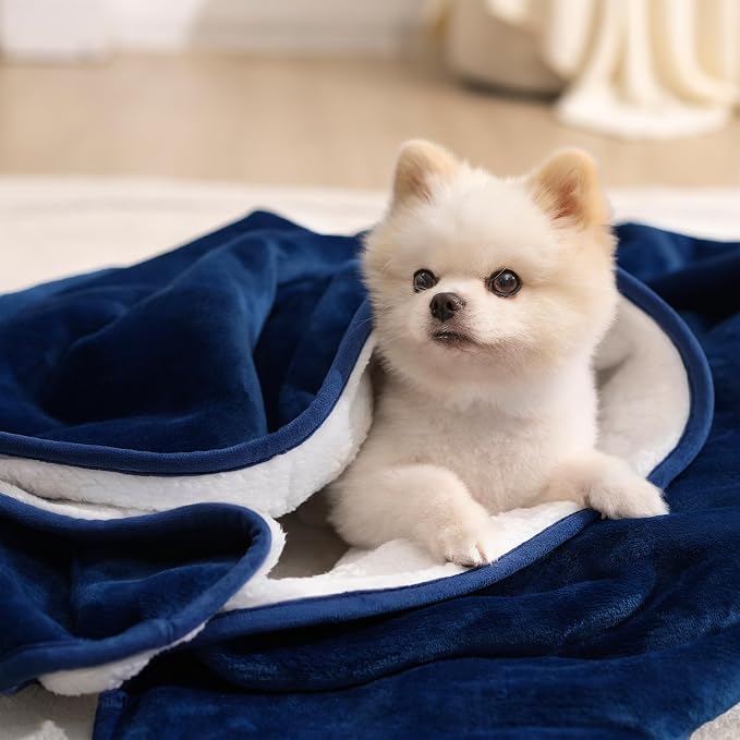 gogobunny Waterproof Bed Blanket, Reversible Sherpa Fleece Throw Blanket for Dog Puppy Cat, Furniture Cover Protects Bed Couch Sofa from Liquid Pee and Pet Fur (Navy Blue, 25x35 inches)