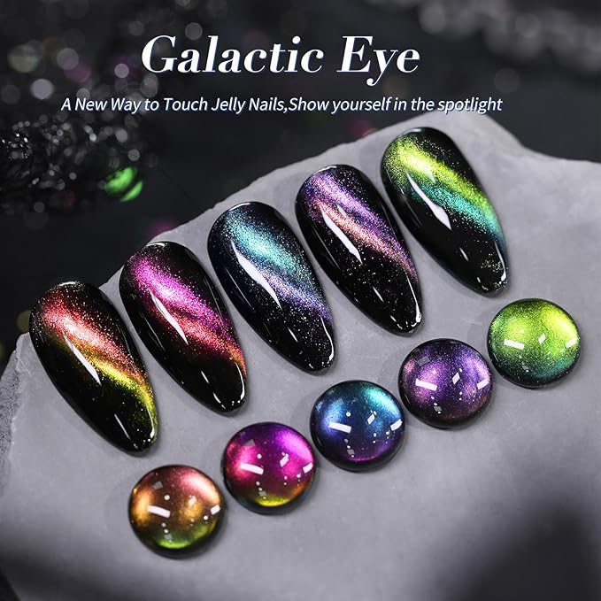 Born Pretty Cat Magnetic Eye Nail Polish Set,5 Colors Quick Dry Holographic Chameleon Cat Magnetic Eye Nail Lacquer Galaxy Effect with Black Nail Polish Magnet Stick,Manicure Home Gift for Women