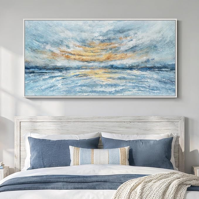 Large Framed Coastal Abstract Wall Art for Living Room, Horizontal 30x60 In | Blue and gold canvas prints, Ocean landscape paintings, Modern artwork for walls, Wall decor for bedroom dining room office