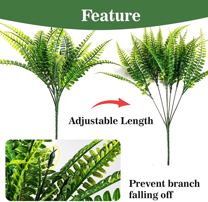 MAQIHAN 20PCS Fake Fern for Outdoor - Artificial Boston Fern Stems Decor | Realistic Fake Greenery for Large Planters, Vase, Porch, Patio, Garden Decor, Faux Plants for Indoor, Outdoor Home Decoration