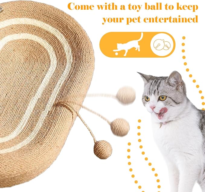 Cat Scratcher Bed 3 in 1 Sisal Cat Scratching Board for Indoor Oval Cat Scratch Pad Durable Scratching Lounge Bed Round Bowl with Toy Balls for Cats Kitten Puppy (24"x15.7"x3.5")