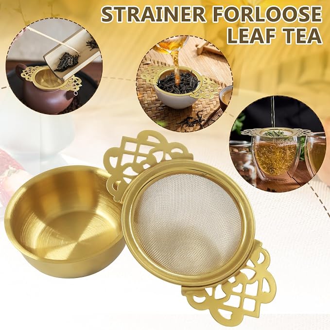 2 Pack Fine Mesh Tea Strainers with Drip Bowls, Stainless Steel Loose Leaf Tea Filter, Double Wing Handles for Mugs & Cups 2.5-4 Inch Mouth, Gold