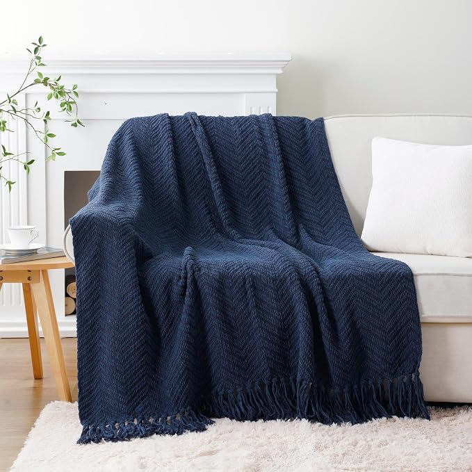 BATTILO HOME Navy Blue Throw Blanket for Couch, 60"x80" | Super Soft Cozy Warm Dark Blue Throws for Twin Bed, Knit Woven Chenille Blanket Versatile for Sofa Bedroom Home Decor