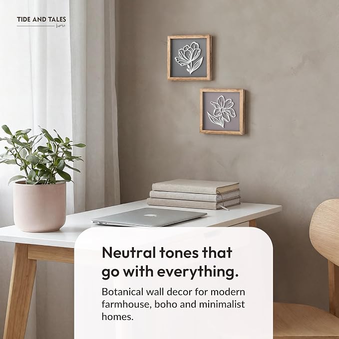 Tide and Tales 3D Botanical Floral Wall Art (Framed Set of 2) Ready-to-Hang Lightweight Boho Decor for Walls, Nature-Inspired Home Decorations with Natural Earthy Tones for Bedroom or Bathroom