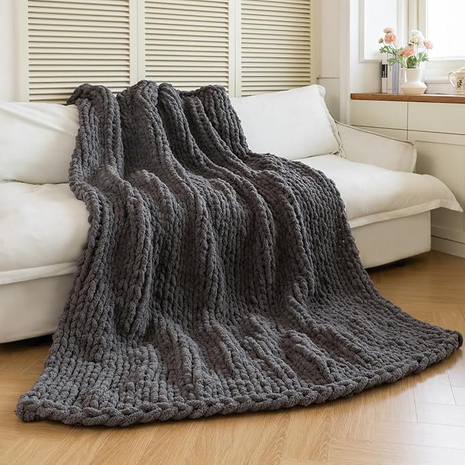 Chunky Knit Blanket - Luxury Soft Cozy 60 * 80 Throw Blanket,100% Woven Blanket Rope Knot Throw Blanket for Couch, Sofa, Home Decor, Gift - Machine Washable (Black Gray, 60 * 80)