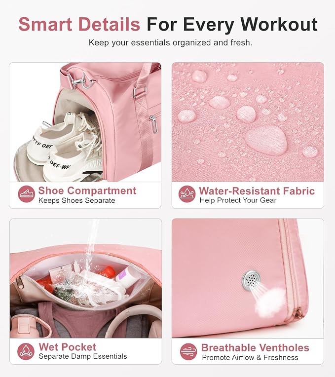 FIORETTO Womens Gym Tote Duffle Bag with Wet Pocket & Shoe Compartment, Sports Duffel Overnight Weekender Hospital Workout Carry on Bag for Girls, Ideal for Travel, Swimming, Dance, Ballet Pink