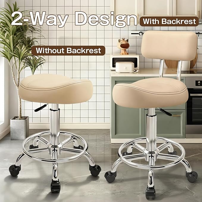 Saddle Stool, Adjustable Height Ergonomic Swivel Chair with Wheels, PU Leather Saddle Seat with Ring Pedal for Salon, Massage, Clinic, Lab, and Office
