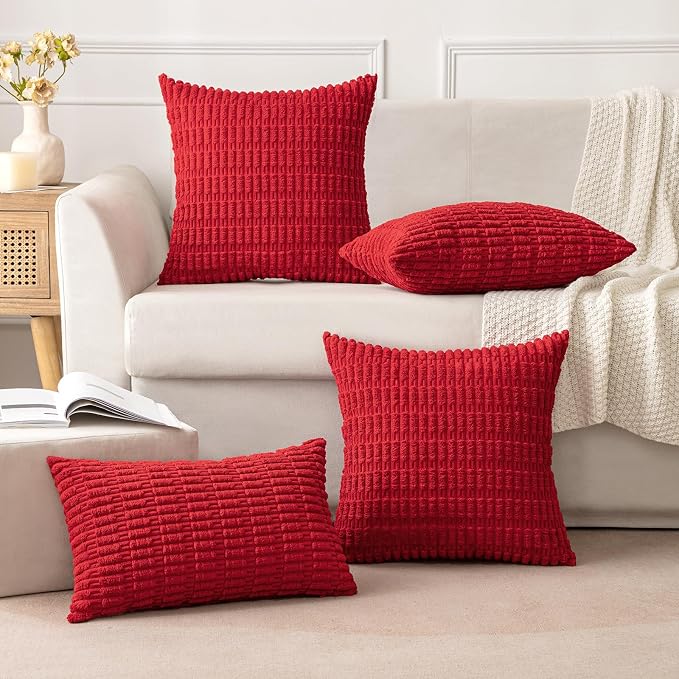 MIULEE Corduroy Decorative Throw Pillow Covers 18x18 Red Pack of 2 | Soft Boho Striped Pillow Covers Modern Farmhouse Home Decor For Sofa Living Room Couch Bed