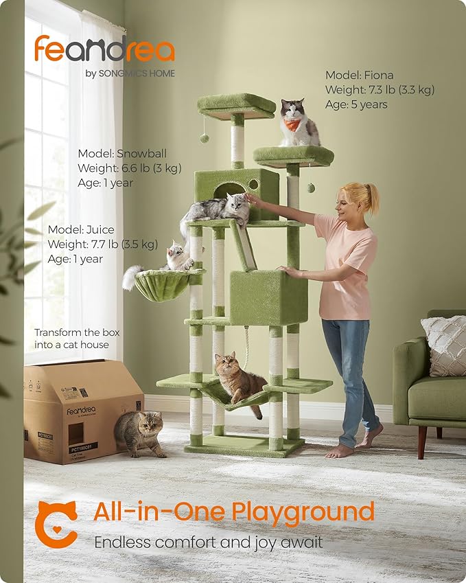 Feandrea Cat Tree, 81.1-Inch Large Cat Tower, Multi-Level Condo, Green | with 13 Sisal Scratching Posts, 2 Perches, 2 Cave, Hammock, Basket, Pompoms for Indoor Cats, Easy to Assemble, UPCT190C01