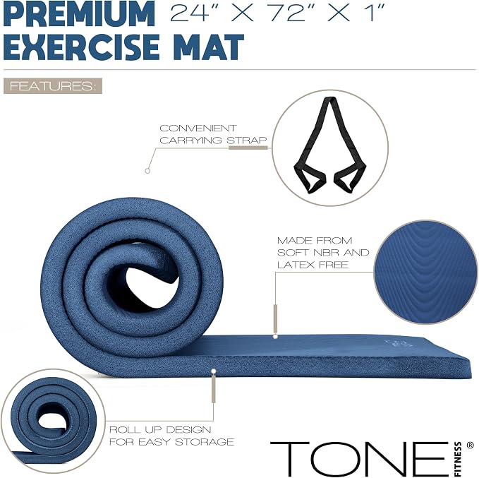 Tone Fitness 1-Inch Thick Yoga Mat | High-Density, Non-slip Exercise Mat with Carrying Strap for Yoga, Pilates, & Home Gym Workouts | Multiple Options