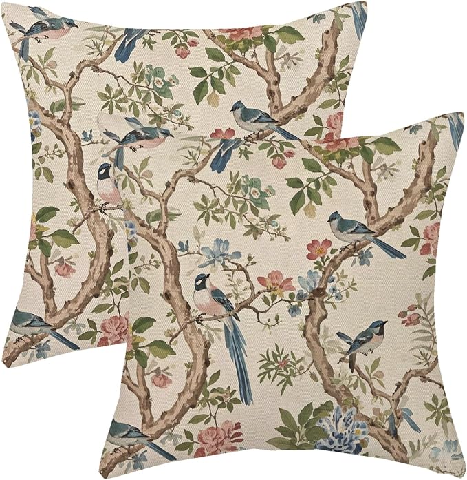 Navy Blue Green Flower Bird Pillow Covers 18x18 Set of 2 Chinoiserie Floral Throw Pillows Vintage Bird Decorative Pillow Cases Outdoor Chinoiserie Decor Farmhouse Cushion Case for Couch Sofa