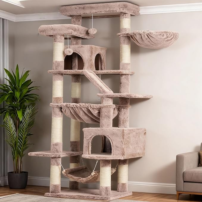 Heybly Cat Tree, 71-Inch-Tall Tower for Indoor Cats with 2 Perches HCT034MU | Large Cat Furniture with 2 Big Condos, 2 Hammocks, Basket, Scratching Pad, Multi-Level Cat Condo, Rosy Brown